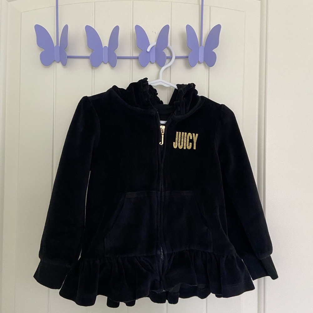 EUC Juicy Couture girl’s black velvet gold decal‎ zip hooded sweatshirt size 3T